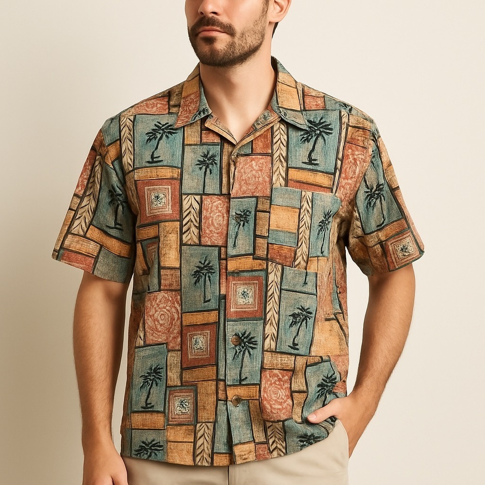 Cooke Street tropical cotton relaxed patchwork palm aloha shirt L multicolor - Picture 1 of 10